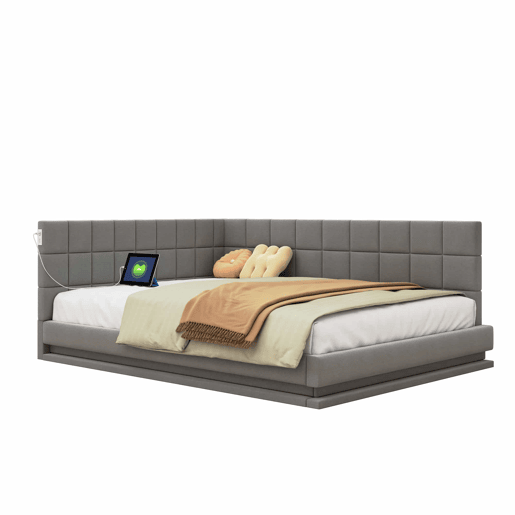 Sofá-cama 140*200 - Multifuncional com faixa LED, tomada USB e estrado de latão - Cinza