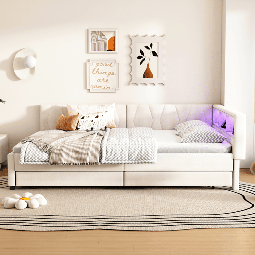 Cama de dia 140x200 cm - Sofá-cama, Prateleira na cama, USB + Tipo C, Controlo remoto para luz LED ambiente, Cama com duas gavetas, Cama com estrado (sem colchão) - Bege