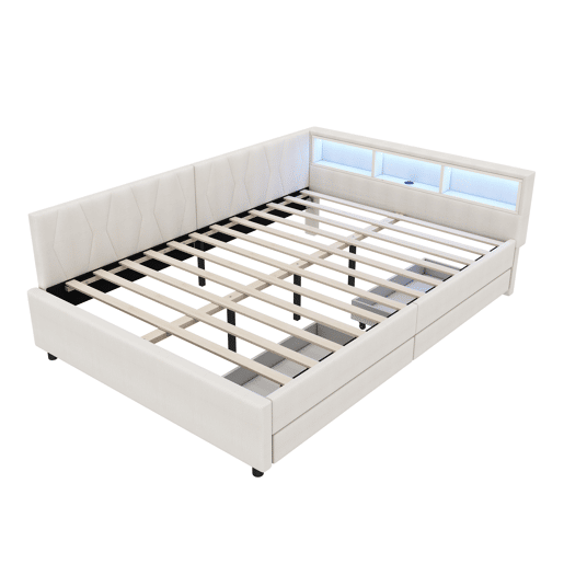 Cama de dia 140x200 cm - Sofá-cama, Prateleira na cama, USB + Tipo C, Controlo remoto para luz LED ambiente, Cama com duas gavetas, Cama com estrado (sem colchão) - Bege