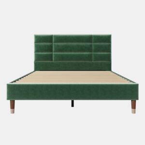 Cama estofada 140x200 cm - Com cabeceira, estrutura com estrado, veludo verde escuro