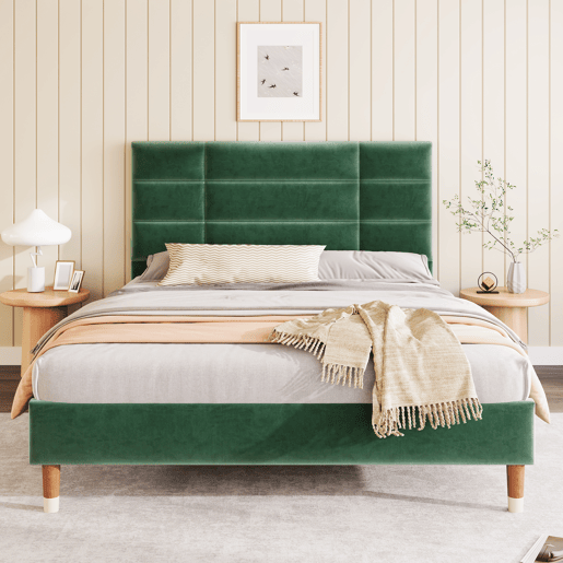 Cama estofada 140x200 cm - Com cabeceira, estrutura com estrado, veludo verde escuro