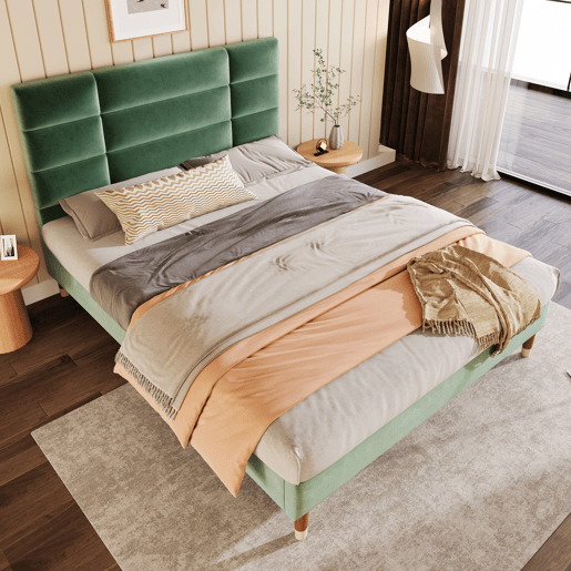 Cama estofada 140x200 cm - Com cabeceira, estrutura com estrado, veludo verde escuro