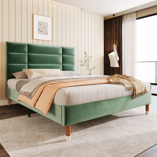 Cama estofada 140x200 cm - Com cabeceira, estrutura com estrado, veludo verde escuro