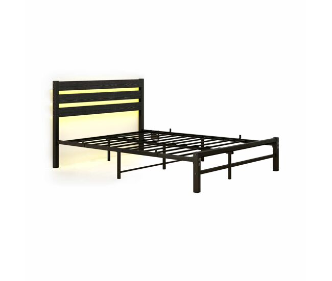 Cama metálica 140x200 cm - con cabecero, led, estación de carga usb, estructura resistente, almacenamiento inferior, sin somier, silenciosa, fácil