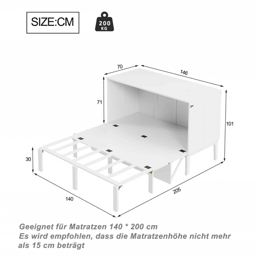 Cama rebatível 140x200 cm - Cama de parede com estrado, cama vertical com estrado, cama juvenil - Branca