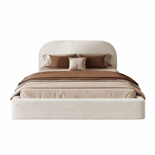 Cama de casal estofada 180x200 cm - com base de lâminas, cabeceira acolchoada - bege bouclé