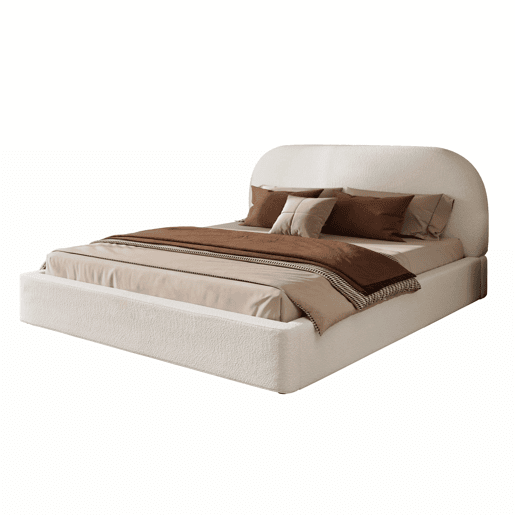 Cama de casal estofada 180x200 cm - com base de lâminas, cabeceira acolchoada - bege bouclé