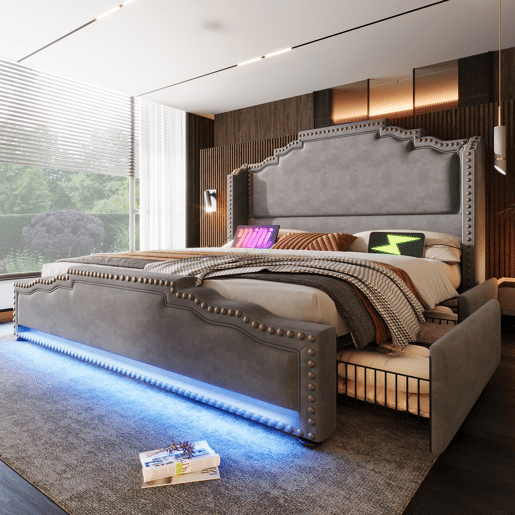 Cama Polsterbett 140x200 - com 4 gavetas, iluminação LED e porta USB-C, cama juvenil com estrado - Cinza
