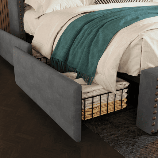 Cama Polsterbett 140x200 - com 4 gavetas, iluminação LED e porta USB-C, cama juvenil com estrado - Cinza