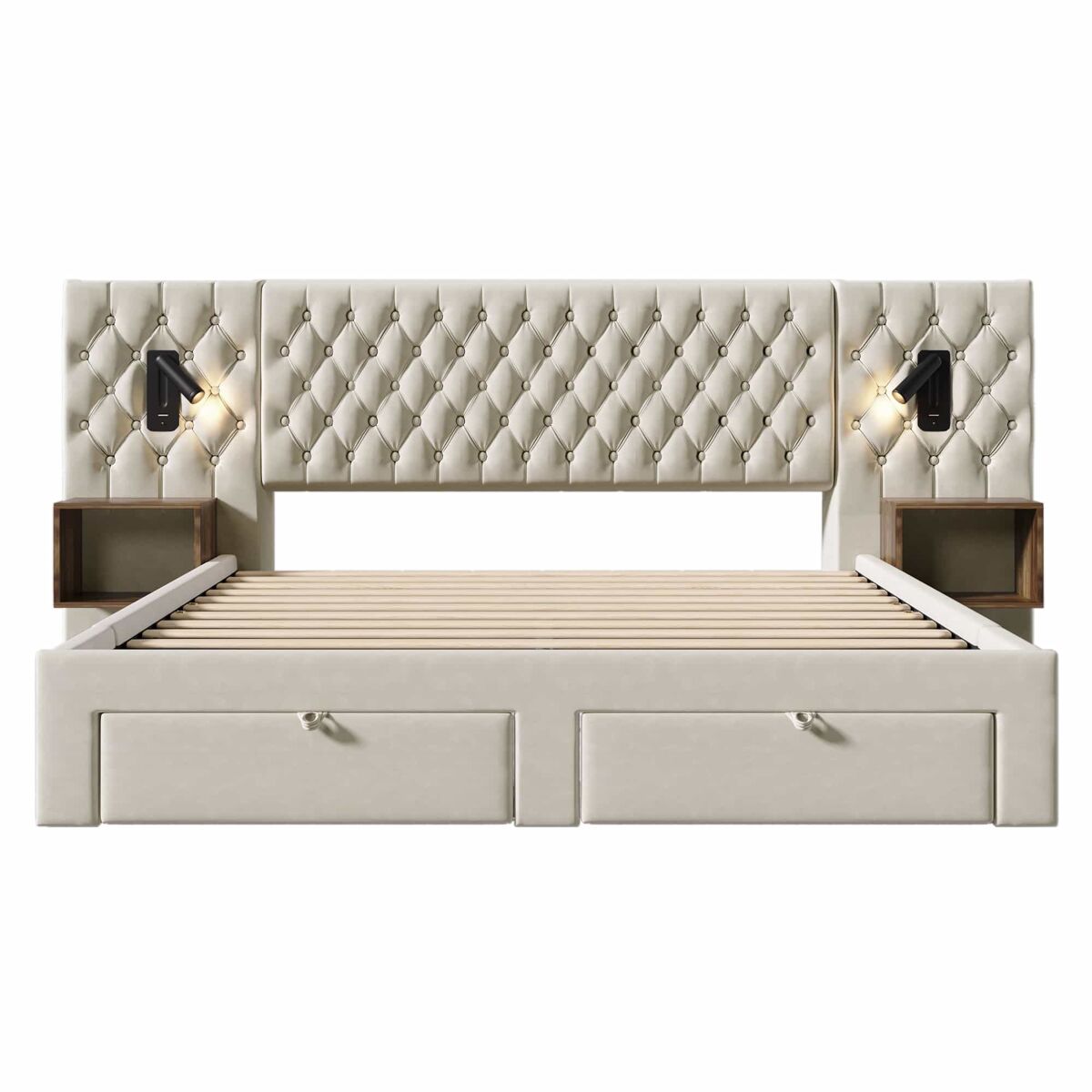 Cama doble 180x200 cm - conjunto dormitorio completo con 2 mesitas y 4 cajones, cabecero con luz de lectura y carga usb - beige