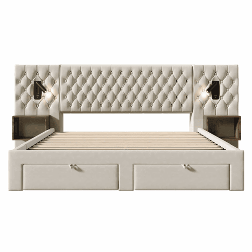 Cama de casal 180x200 cm - conjunto completo de quarto com 2 mesas de cabeceira e 4 gavetas, cabeceira com luz de leitura e porta USB - bege Cama de casal 180x200 cm - conjunto completo de quarto com 2 mesas de cabeceira e 4 gavetas, cabeceira com luz de leitura e porta USB - bege