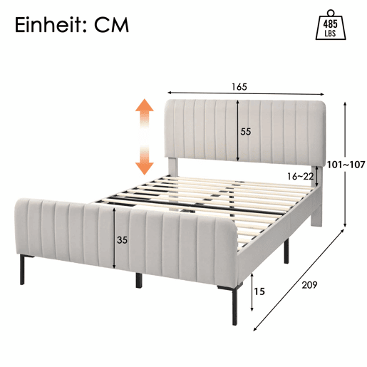 Cama de adulto estofada em tecido de linho - 140x200 cm - com cabeceira regulável e estrado de ripas - Cinzento claro