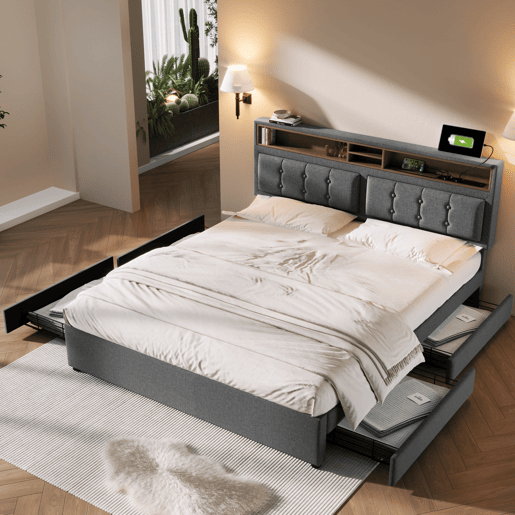 Cama estofada 160x200 cm - Com 4 gavetas, entrada USB-C, cabeceira ajustável, estrado de madeira (com colchão) - Cinza