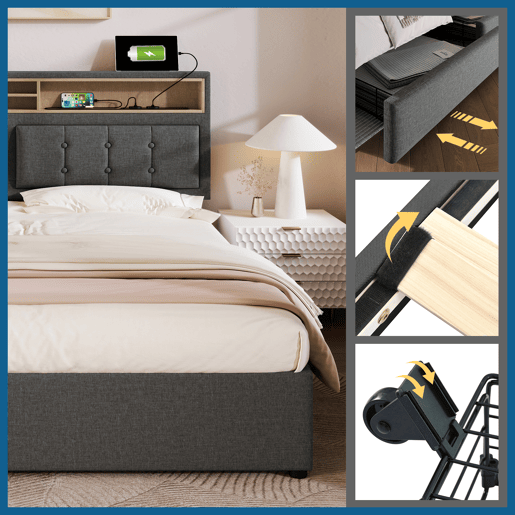 Cama estofada 160x200 cm - Com 4 gavetas, entrada USB-C, cabeceira ajustável, estrado de madeira (com colchão) - Cinza