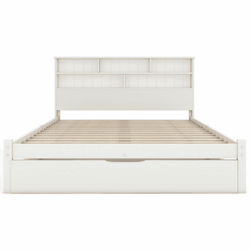 Cama de casal 140x200 cm - Com gavetas e estrado, estante para jovens e adultos - Branco