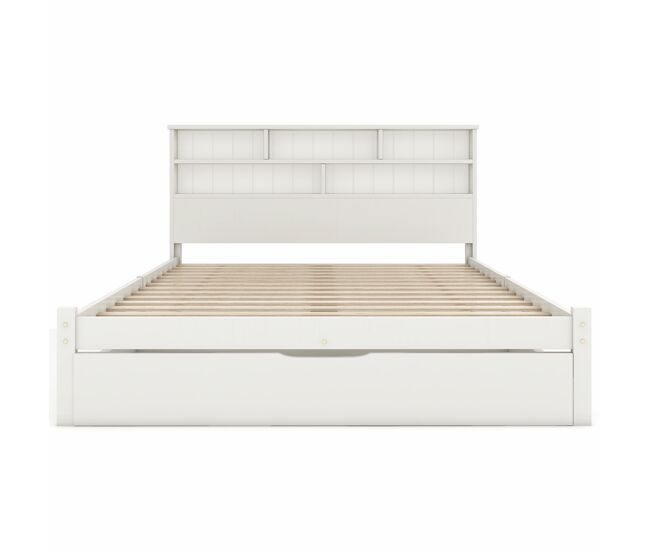 Cama doble 140x200 cm - con cajones y somier, librero para jóvenes y adultos - blanco