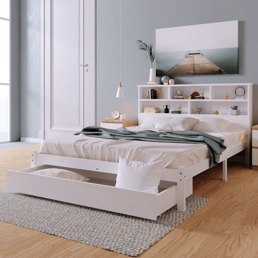 Cama de casal 140x200 cm - Com gavetas e estrado, estante para jovens e adultos - Branco