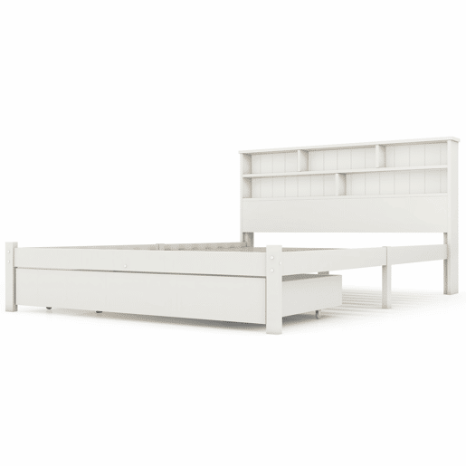 Cama de casal 140x200 cm - Com gavetas e estrado, estante para jovens e adultos - Branco