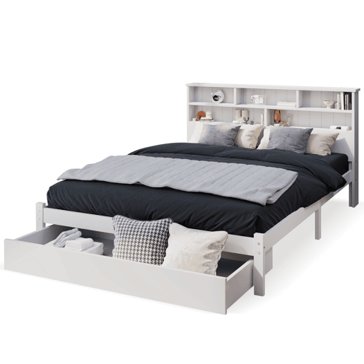 Cama de casal 140x200 cm - Com gavetas e estrado, estante para jovens e adultos - Branco