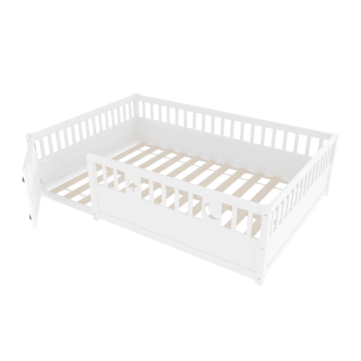 Cama painel, 140 x 190 cm - Cama infantil com grade, decoração de estrelas e lua - Branco