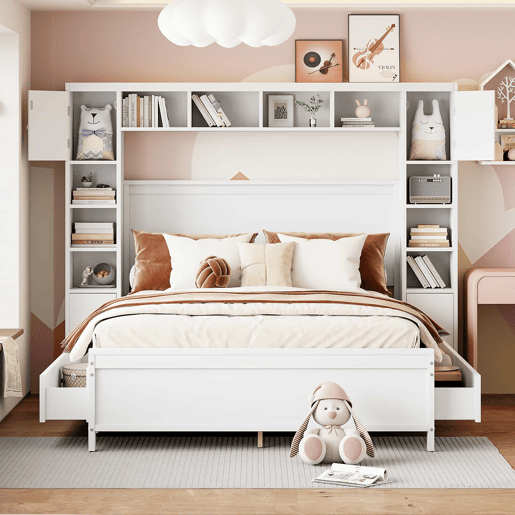 Cama de casal 140x200cm - com 4 gavetas e cabeceira com grande arrumação - madeira maciça - Branco