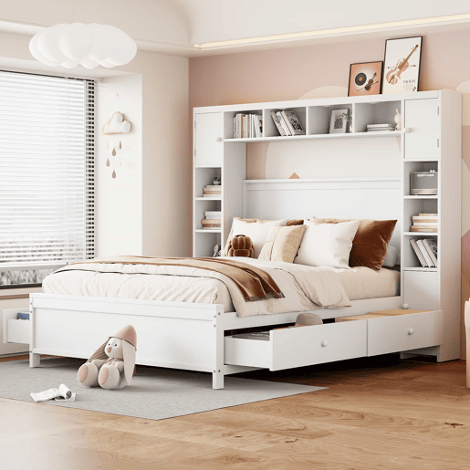 Cama de casal 140x200cm - com 4 gavetas e cabeceira com grande arrumação - madeira maciça - Branco