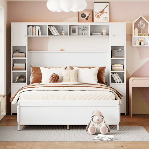 Cama de casal 140x200cm - com 4 gavetas e cabeceira com grande arrumação - madeira maciça - Branco