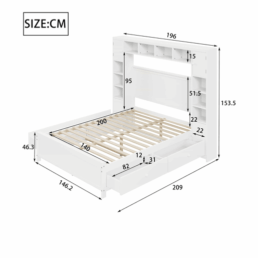 Cama de casal 140x200cm - com 4 gavetas e cabeceira com grande arrumação - madeira maciça - Branco