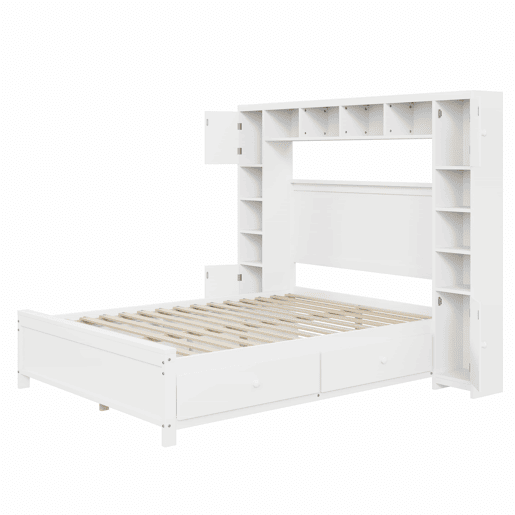 Cama de casal 140x200cm - com 4 gavetas e cabeceira com grande arrumação - madeira maciça - Branco