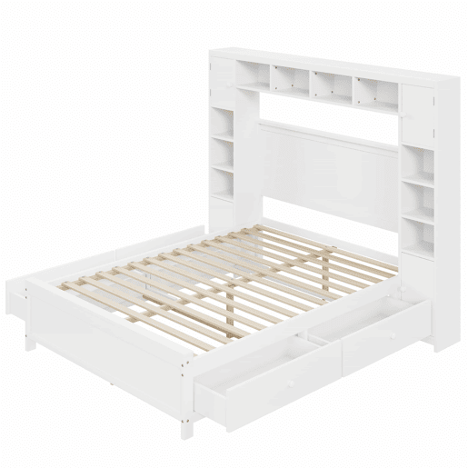 Cama de casal 140x200cm - com 4 gavetas e cabeceira com grande arrumação - madeira maciça - Branco