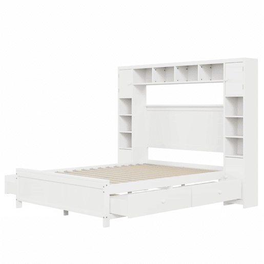 Cama de casal 140x200cm - com 4 gavetas e cabeceira com grande arrumação - madeira maciça - Branco