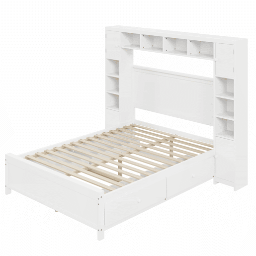 Cama de casal 140x200cm - com 4 gavetas e cabeceira com grande arrumação - madeira maciça - Branco