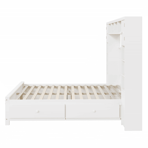 Cama de casal 140x200cm - com 4 gavetas e cabeceira com grande arrumação - madeira maciça - Branco