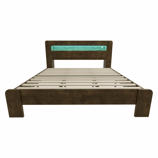 Cama de plataforma 180x200 - arrumação na cabeceira, LED, tomadas integradas, moderna - madeira vintage