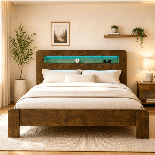 Cama de plataforma 180x200 - arrumação na cabeceira, LED, tomadas integradas, moderna - madeira vintage