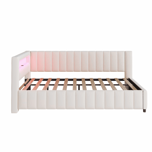 Sofá-cama 140x200 - Polsterbett em veludo com luz LED e porta USB, com encosto, cabeceira e estrutura de cama estável - Bege