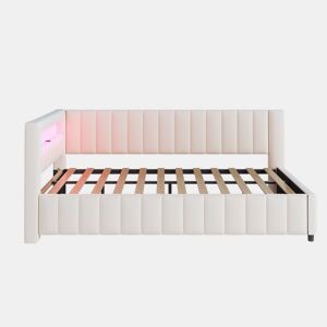 Sofá-cama 140x200 - Polsterbett em veludo com luz LED e porta USB, com encosto, cabeceira e estrutura de cama estável - Bege
