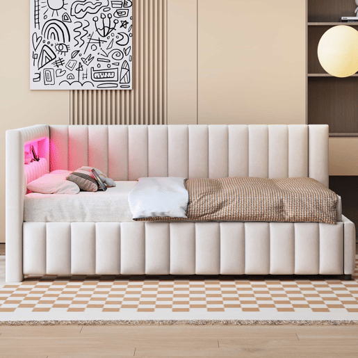 Sofá-cama 140x200 - Polsterbett em veludo com luz LED e porta USB, com encosto, cabeceira e estrutura de cama estável - Bege