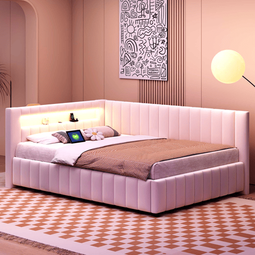 Sofá-cama 140x200 - Polsterbett em veludo com luz LED e porta USB, com encosto, cabeceira e estrutura de cama estável - Bege