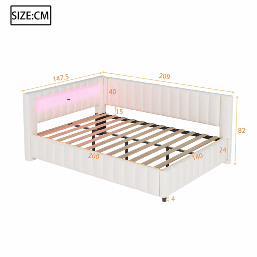 Sofá-cama 140x200 - Polsterbett em veludo com luz LED e porta USB, com encosto, cabeceira e estrutura de cama estável - Bege