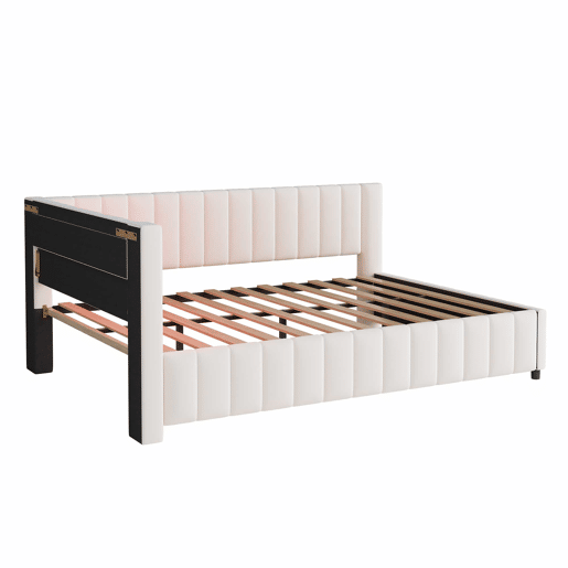 Sofá-cama 140x200 - Polsterbett em veludo com luz LED e porta USB, com encosto, cabeceira e estrutura de cama estável - Bege