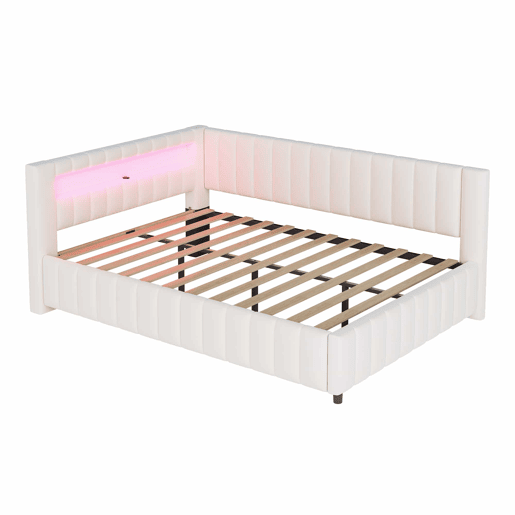 Sofá-cama 140x200 - Polsterbett em veludo com luz LED e porta USB, com encosto, cabeceira e estrutura de cama estável - Bege