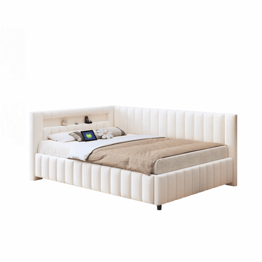 Sofá-cama 140x200 - Polsterbett em veludo com luz LED e porta USB, com encosto, cabeceira e estrutura de cama estável - Bege