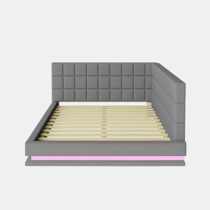Sofá-cama 160x200 - Multifuncional com faixa de luz LED, porta USB e estrado, tecido de linho - Cinza