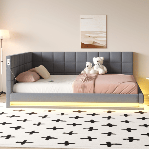Sofá-cama 160x200 - Multifuncional com faixa de luz LED, porta USB e estrado, tecido de linho - Cinza