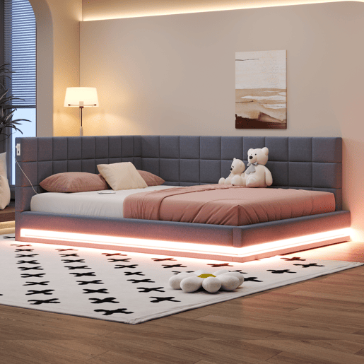 Sofá-cama 160x200 - Multifuncional com faixa de luz LED, porta USB e estrado, tecido de linho - Cinza