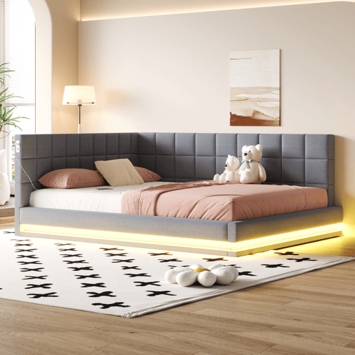 Sofá-cama 160x200 - Multifuncional com faixa de luz LED, porta USB e estrado, tecido de linho - Cinza