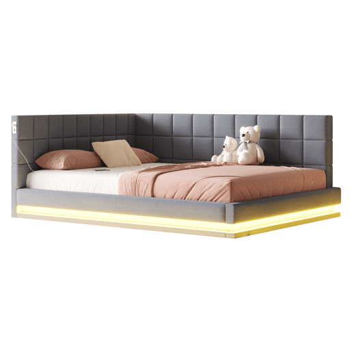 Sofá-cama 160x200 - Multifuncional com faixa de luz LED, porta USB e estrado, tecido de linho - Cinza