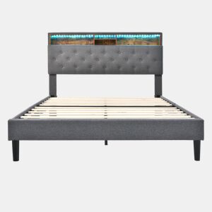Cama de casal estofada 140x200 - com arrumação, cabeceira e luz LED, estrado de madeira - Cinza