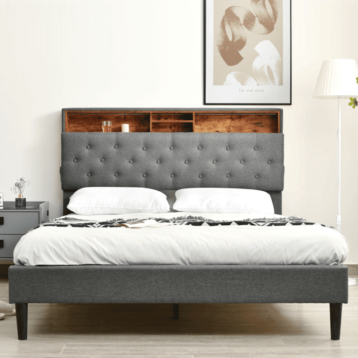 Cama de casal estofada 140x200 - com arrumação, cabeceira e luz LED, estrado de madeira - Cinza